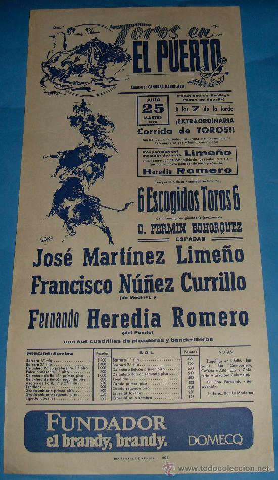 Bullfighting: CARTEL DE TOROS. PLAZA DEL PUERTO. LIME&Ntilde;O, FCO. NU&Ntilde;EZ CURRILLO Y FERNANDO H. ROMERO.  A&Ntilde;O 1978.