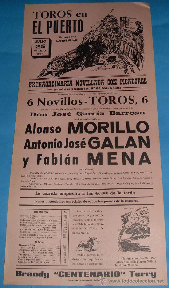 Stierkampf: CARTEL DE TOROS. PLAZA DEL PUERTO. EMILIO OLIVA, JEREZANO Y RUIZ MIGUEL. A&Ntilde;O 1970.