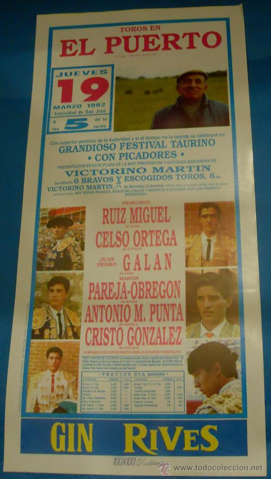 Stierkampf: CARTEL DE TOROS. PLAZA DEL PUERTO. GRANDIOSO FESTIVAL TAURINO CON PICADORES. A&Ntilde;O 1992.