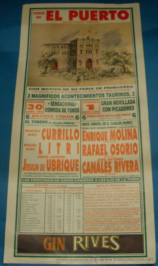 Stierkampf: CARTEL DE TOROS. PLAZA DEL PUERTO. CON MOTIVO DE SU FERIA DE PRIMAVERA. A&Ntilde;O 1994.
