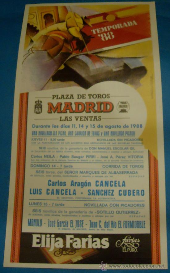 Bullfighting: CARTEL DE TOROS. PLAZA DE MADRID. 1 NOVILLADA SIN PICAR, 1 CORRIDA DE TOROS Y UNA NOVILLADA PICADA.
