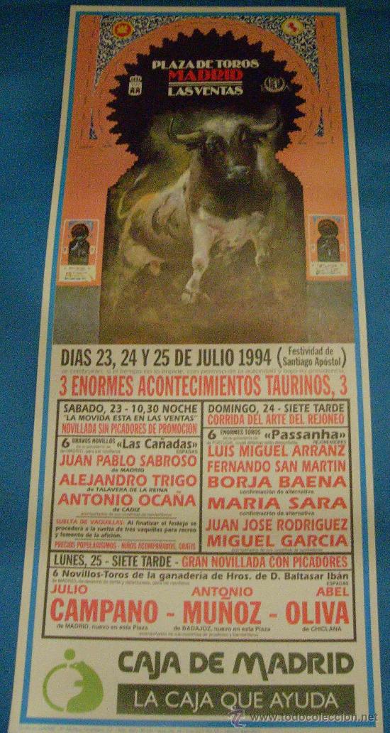 Bullfighting: CARTEL DE TOROS. PLAZA DE MADRID. 3 ENORMES ACONTECIMIENTOS TAURINOS. A&Ntilde;O 1994.