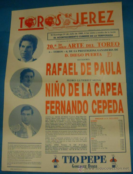 Stierkampf: CARTEL DE TOROS. PLAZA DE JEREZ FRA. RAFAEL DE PAULA, NI&Ntilde;O DE LA CAPEA Y FERNANDO CEPEDA. A&Ntilde;O 1988.