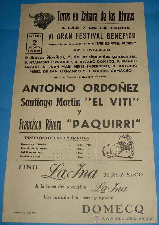 Bullfighting: CARTEL DE TOROS. PLAZA DE ZAHARA DE LOS ATUNES. ANTONIO ORDO&Ntilde;EZ, EL VITI Y PAQUIRRI. A&Ntilde;O 1980.
