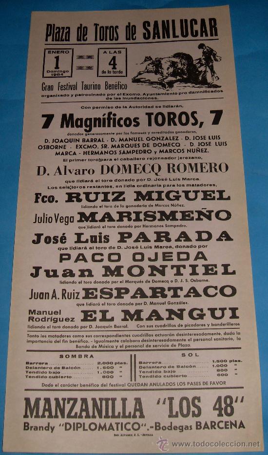Tauromachia: CARTEL DE TOROS. PLAZA DE SANLUCAR. RUIZ MIGUEL, MARISME&Ntilde;O, JOSE LUIS PARADA, PACO OJEDA...A&Ntilde;O 1984.