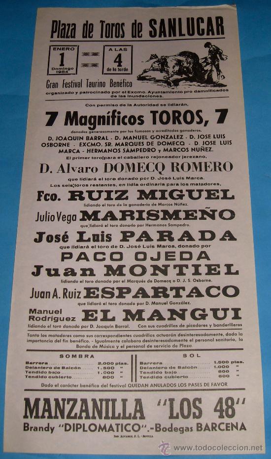 Tauromachia: CARTEL DE TOROS. PLAZA DE SANLUCAR. RUIZ MIGUEL, MARISME&Ntilde;O, JOSE L. PARADA...A&Ntilde;O 1984.