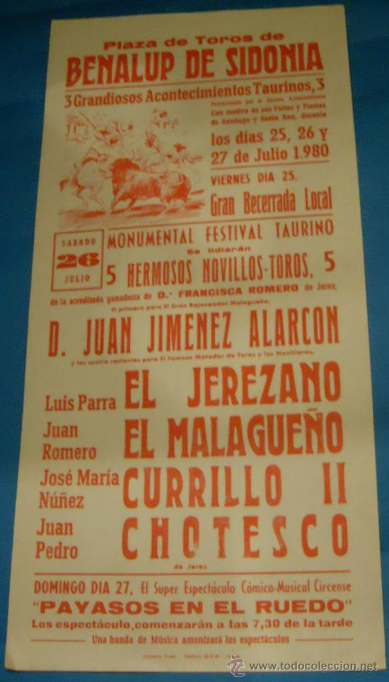 Stierkampf: CARTEL DE TOROS. PLAZA DE BENALUP DE SIDONIA. EL JEREZNAO, EL MALAGUE&Ntilde;O, CURRILLO II Y CHOTESCO.