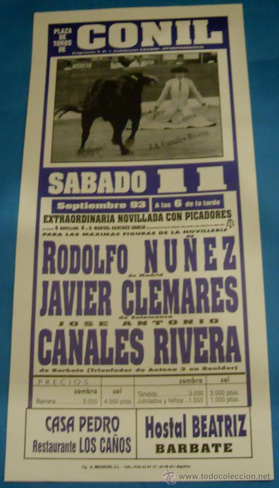 Stierkampf: CARTEL DE TOROS. PLAZA DE CONIL. RODOLFO NU&Ntilde;EZ, JAVIER CLEMARES Y CANALES RIVERA. A&Ntilde;O 1993.