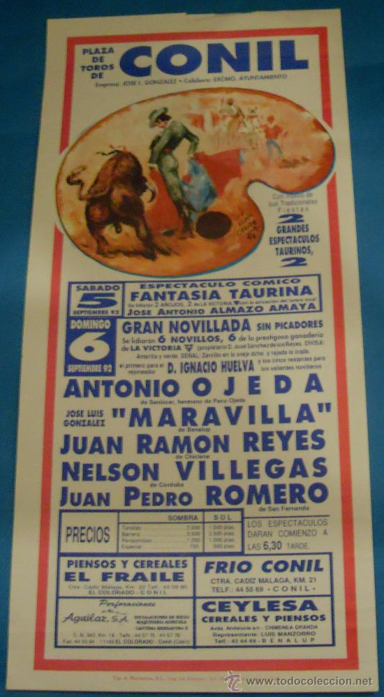 Stierkampf: CARTEL DE TOROS. PLAZA DE CONIL. ESPECATCULO TAURINO Y NOVILLADA. A&Ntilde;O 1992.