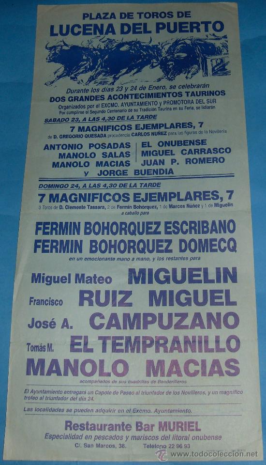 Bullfighting: CARTEL DE TOROS. PLAZA DE LUCENA DEL PUERTO. MIGUELIN, RUIZ MIGUEL, JOSE A. CAMPUZANO...