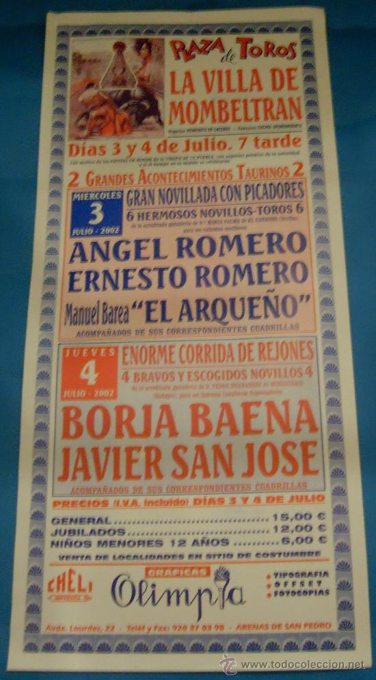 Tauromachia: CARTEL DE TOROS. PLAZA DE LA VILLA DE MOMBELTRAN. 2 GRANDES ACONTECIMIENTOS TAURINOS. A&Ntilde;O 2002.