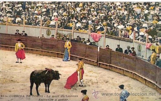 Tauromachia: TARJETA POSTAL. ESTAMPAS TAURINAS. N&ordm; 21. CORRIDA DE TOROS, ENTRADA A MATAR. ED. LEMAITRE.