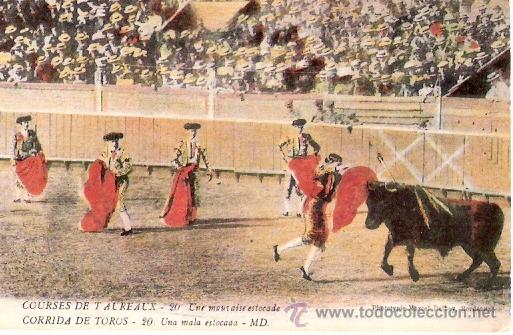 Tauromachia: TARJETA POSTAL. ESTAMPAS TAURINAS. N&ordm; 20. CORRIDA DE TOROS, UNA MALA ESTOCADA. ED. M. D.