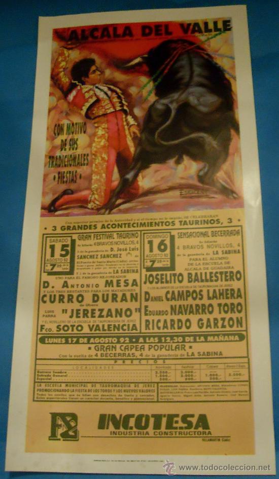 Stierkampf: CARTEL DE TOROS. PLAZA DE ALCALA DEL VALLE. 3 GRANDES ACONTECIMIENTOS TAURINOS. A&Ntilde;O 1992.