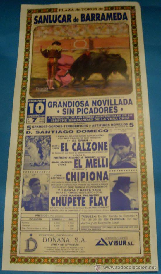 Stierkampf: CARTEL DE TOROS. PLAZA DE SANLUCAR DE BARRAMEDA. NOVILLADA BENEFICA. EL CALZONE, EL MELLI...A&Ntilde;O 1995