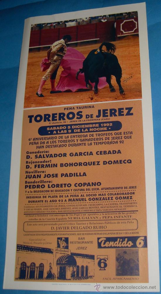 Tauromachia: CARTEL DE TOROS. ENTREGA DE PREMIOS POR PARTE DE LA PE&Ntilde;A TAURINA TOREROS DE JEREZ. A&Ntilde;O 1992.