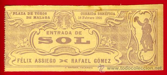 Stierkampf: ENTRADA TOROS, PLAZA DE MALAGA , BENEFICA , 18-2-1906 , ORIGINAL , ET1978