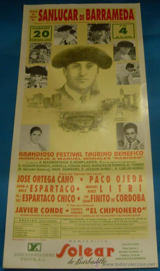 Bullfighting: CARTEL DE TOROS. PLAZA DE SANLUCAR DE BDA. FESTIVAL BENEFICO HOMENAJE A MANUEL MORALES 'RABIOSO'.