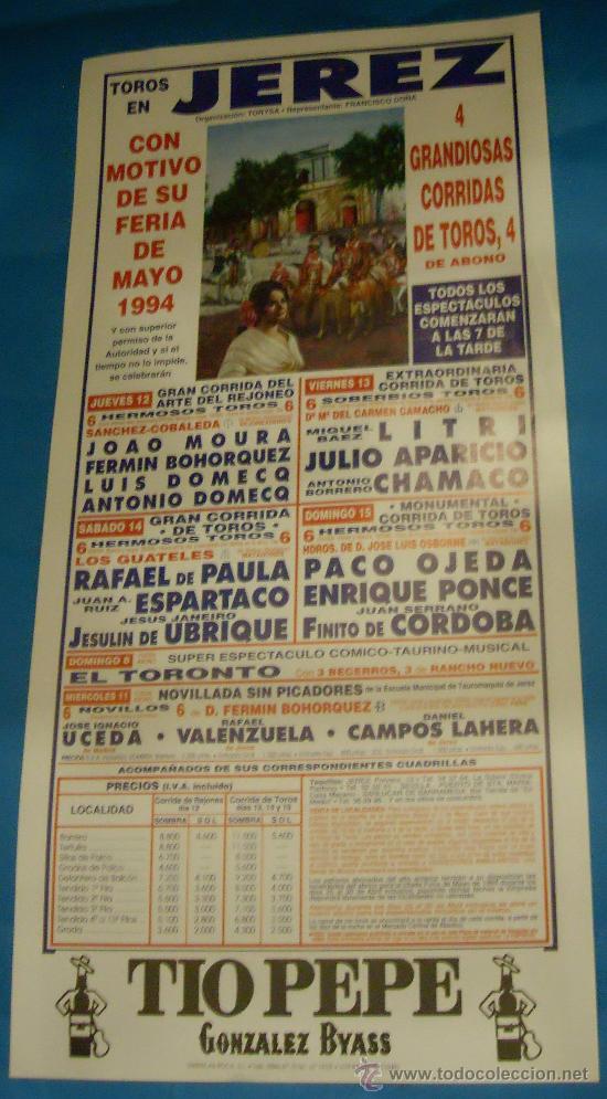 Bullfighting: CARTEL DE TOROS. PLAZA DEJEREZ DE LA FRA. 4 CORRIDAS DE TOROS, FERIA DE MAYO DE 1994.