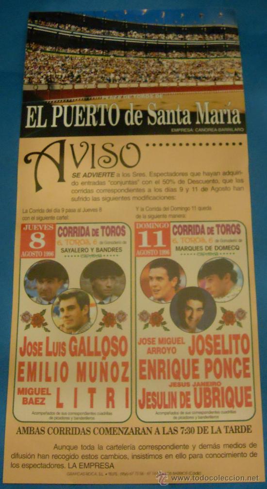 Bullfighting: CARTEL DE TOROS. PLAZA DEL PUERTO DE STA. M&ordf;. 2 FESTEJOS TAURINOS. A&Ntilde;O 1996.