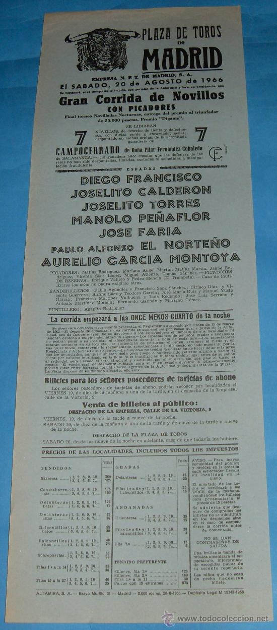 Tauromaquia: CARTEL DE TOROS. PLAZA DE MADRID. DIRGO FCO., JOSELITO CALDERON, JOSELITO TORRES, MANOLO PE&Ntilde;AFLOR...