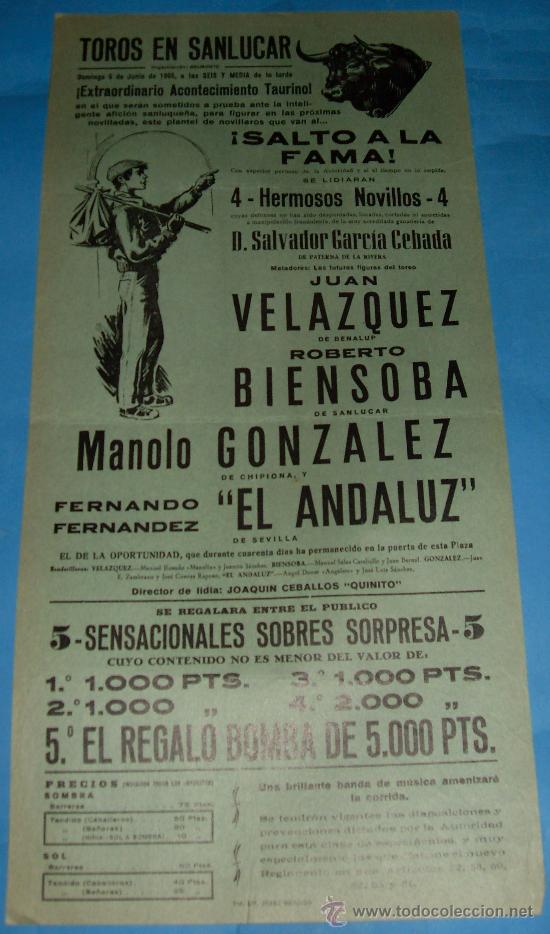 Tauromaquia: CARTEL DE TOROS. PLAZA DE SANLUCAR DE BDA. JUAN VELAZQUEZ, ROBERTO BIENSOBA, EL ANDALUZ...A&Ntilde;O 1965.