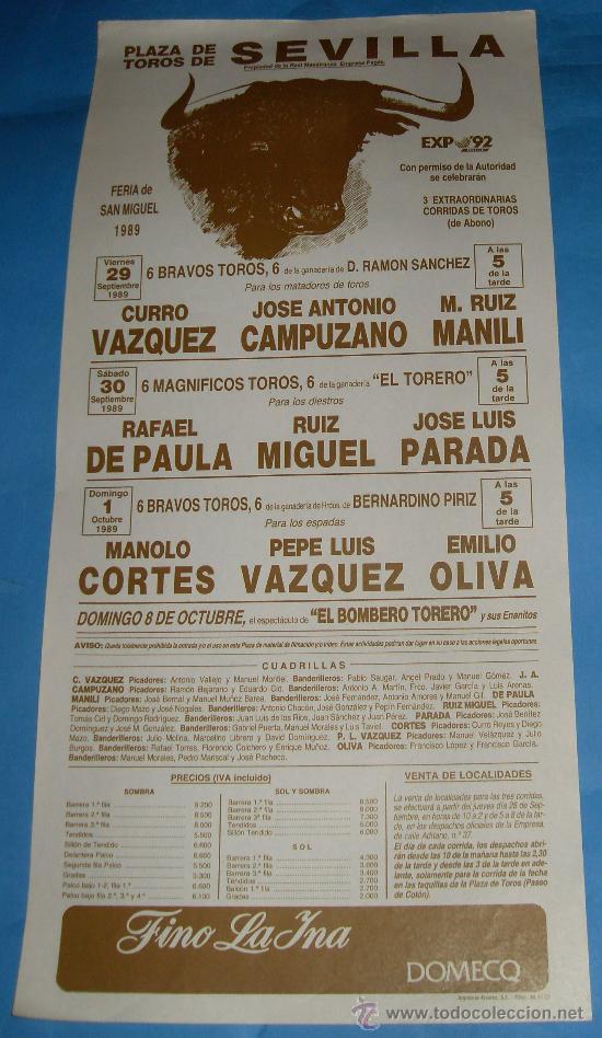 Tauromaquia: CARTEL DE TOROS. PLAZA DE SEVILLA. FERIA DE SAN MIGUEL 1989.