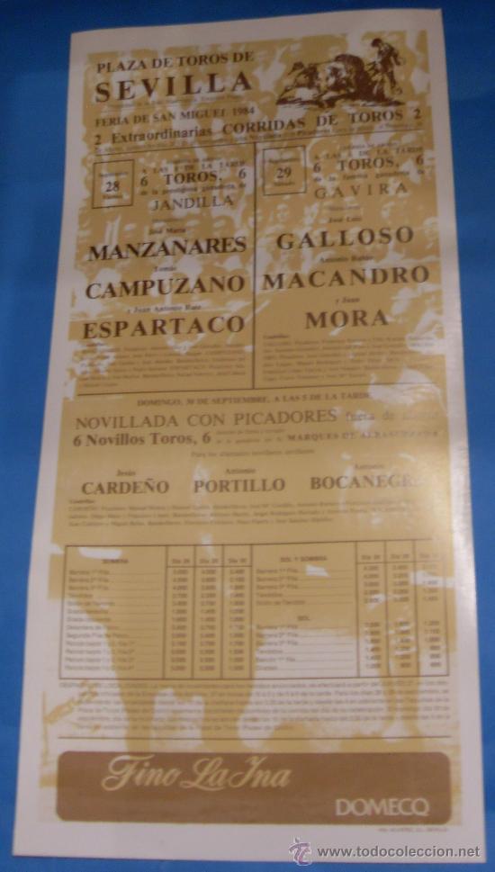 Tauromaquia: CARTEL DE TOROS. PLAZA DE SEVILLA. FERIA DE SAN MIGUEL 1984. 2 EXTRAORDINARIAS CORRIDAS DE TOROS.