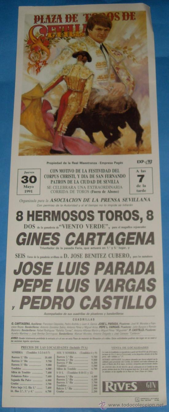 Tauromaquia: CARTEL DE TOROS. PLAZA DE SEVILLA. JOSE L. PARADA, PEPE L. VARGAS Y PEDRO CASTILLO. A&Ntilde;O 1991.