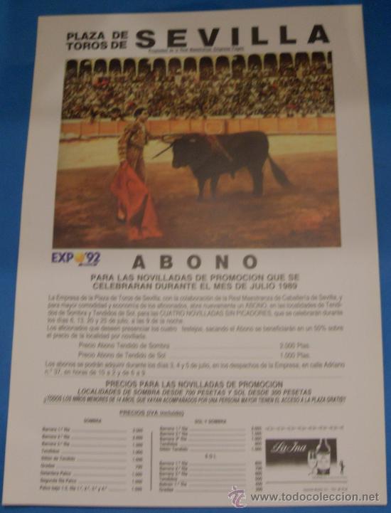 Tauromaquia: CARTEL DE TOROS. PLAZA DE SEVILLA. ABONO PARA NOVILLADAS DE PROMOCION JULIO 1989.