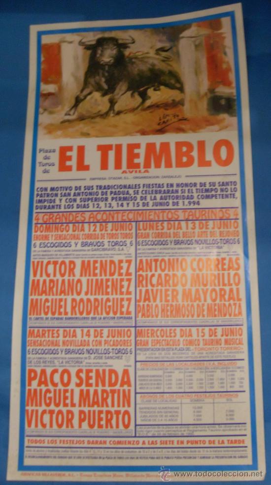 Tauromaquia: CARTEL DE TOROS. PLAZA DE EL TIEMBLO, AVILA. FIESTAS EN HONOR DEL PATRON SAN ANTONIO DE PADUA. 1994.