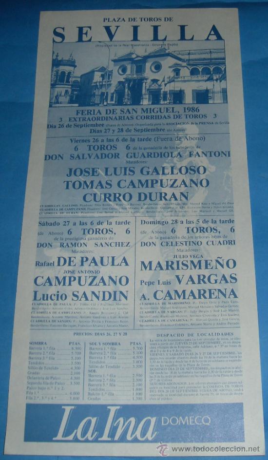 Tauromaquia: CARTEL DE TOROS. PLAZA DE LA MAESTRANZA. FERIA DE SAN MIGUEL 1986.
