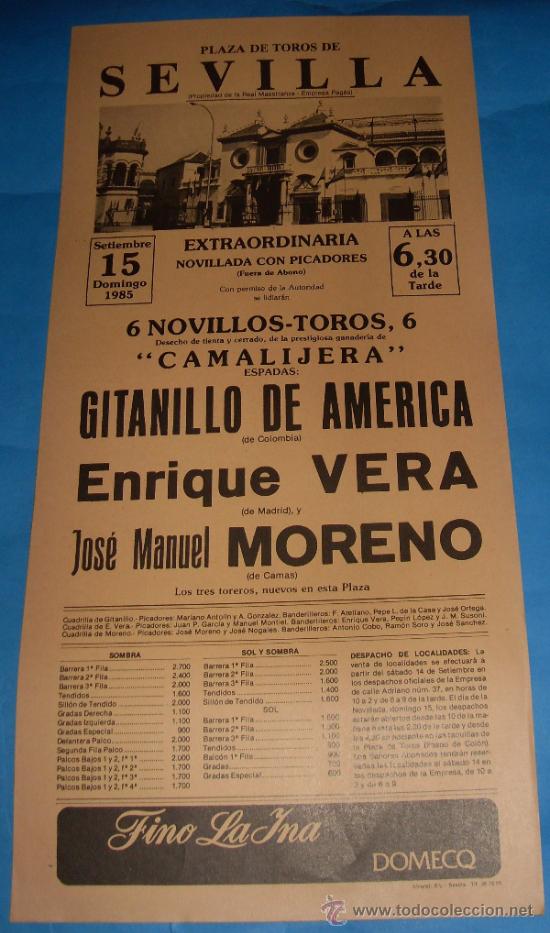 Tauromachie: CARTEL DE TOROS. PLAZA DE LA MAESTRANZA. GITANILLO DE AMERICA, ENRIQUE VERA Y JOSE M. MORENO. A&Ntilde;O 85
