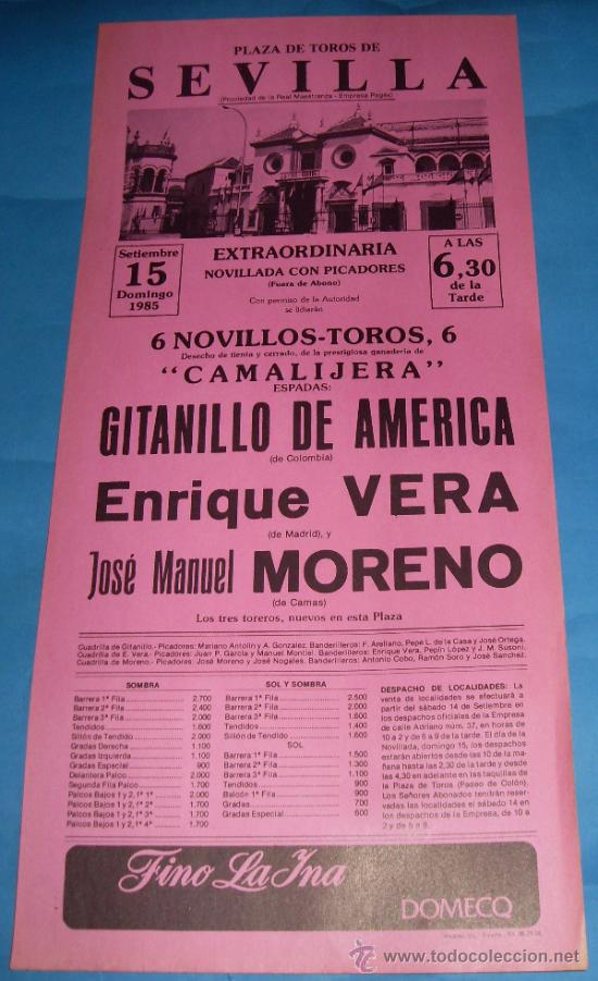 Tauromachie: CARTEL DE TOROS. PLAZA DE LA MAESTRANZA. GITANILLO DE AMERICA, ENRIQUE VERA Y JOSE M. MORENO. A&Ntilde;O 85