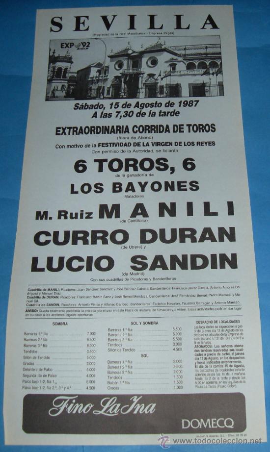 Tauromachie: CARTEL DE TOROS. PLAZA DE LA MAESTRANZA. MANILI, CURRO DURAN Y LUCIO SANDIN. A&Ntilde;O 1987.