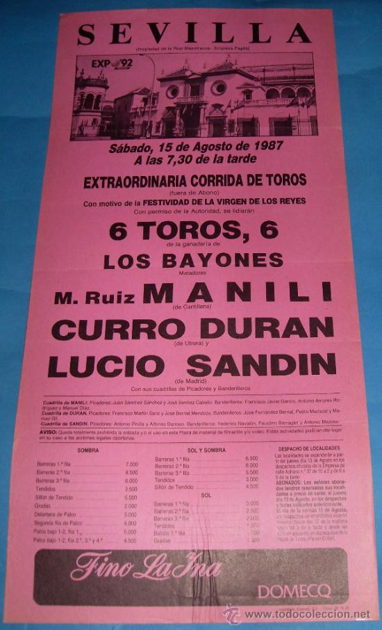 Tauromachie: CARTEL DE TOROS. PLAZA DE LA MAESTRANZA. MANILI, CURRO DURAN Y LUCIO SANDIN. A&Ntilde;O 1987.