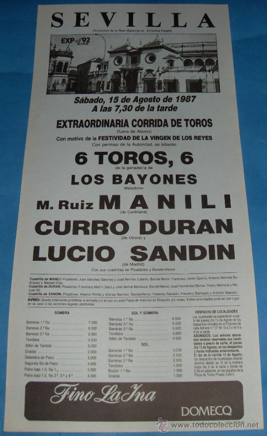 Tauromachie: CARTEL DE TOROS. PLAZA DE LA MAESTRANZA. MANILI, CURRO DURAN Y LUCIO SANDIN. A&Ntilde;O 1987.