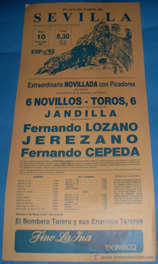 Tauromachie: CARTEL DE TOROS. PLAZA DE LA MAESTRANZA. FERNANDO LOZANO, JEREZANO Y FERNANDO CEPEDA. A&Ntilde;O 1987.