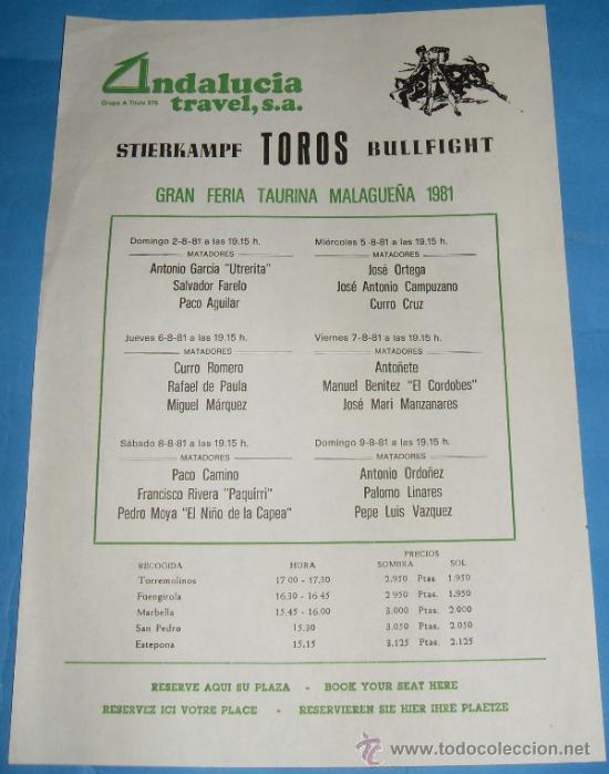 Tauromachie: CARTEL DE TOROS. PLAZA DE MALAGA. GRAN FERIA TAURINA DE MALAGA. A&Ntilde;O 1981.