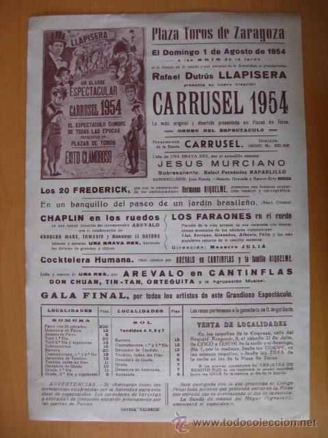 Tauromaquia: PROGRAMA ESPECTACULOS COMICO-TAURINO.CARRUSEL 1954.ZARAGOZA.JESUS MURCIANO,CHAPLIN,AREVALO.