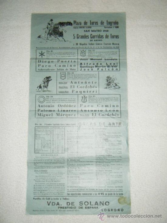 Tauromaquia: CARTEL DE TOROS. PLAZA DE LOGRO&Ntilde;O. DIEGO PUERTA, PACO CAMINO, PAQUIRRI, EL CORDOBES, 1968