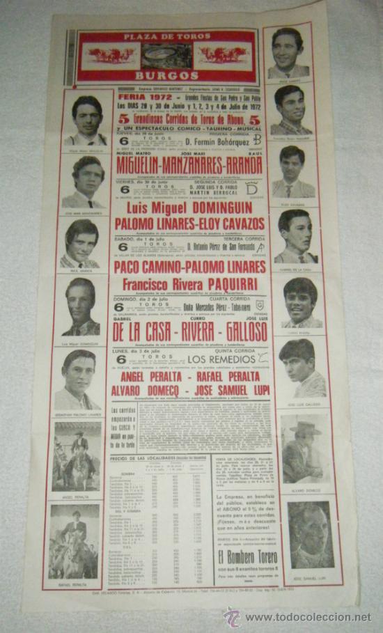 Tauromaquia: CARTEL DE TOROS. PLAZA DE BURGOS. MIGUELIN, MANZANARES, ARANDA, DOMINGUIN, PAQUIRRI... 1972