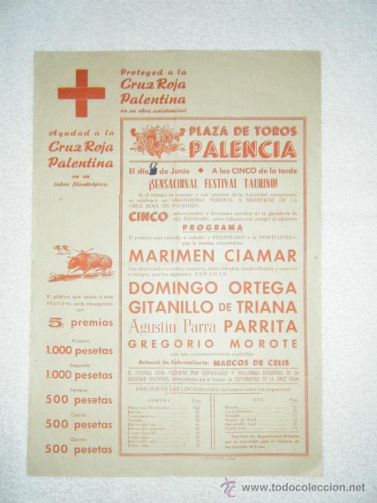 Stierkampf: CARTEL DE TOROS. PLAZA DE PALENCIA. DOMINGO ORTEGA, GITANILLO DE TRINA, PARRITA.