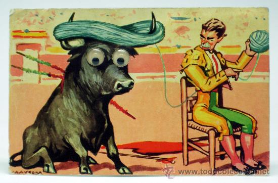 Tauromaquia: Postal corrida toros dibujo humor S&aacute;nchez Luis Ed Cimer toro mueve ojos a&ntilde;os 40 sin circular