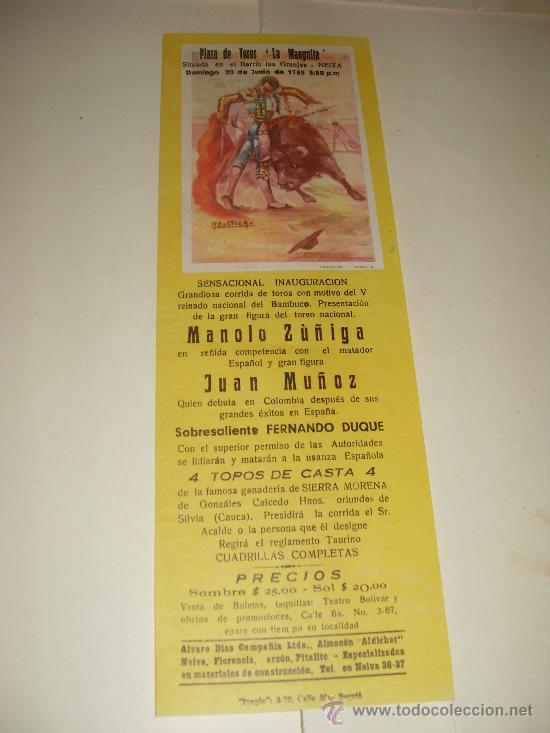 Tauromachia: CARTEL DE TOROS PEQUE&Ntilde;O. PLAZA DE LA MANGUITA. 1965. MANOLO ZU&Ntilde;IGA, JUAN MU&Ntilde;OZ. FERNANDO DUQUE.