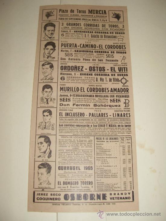 Tauromachia: CARTEL DE TOROS PEQUE&Ntilde;O. PLAZA DE MURCIA. 1965. PUERTA, CAMINO, EL CORDOBES, OSTOS, VITI, MURILLO...