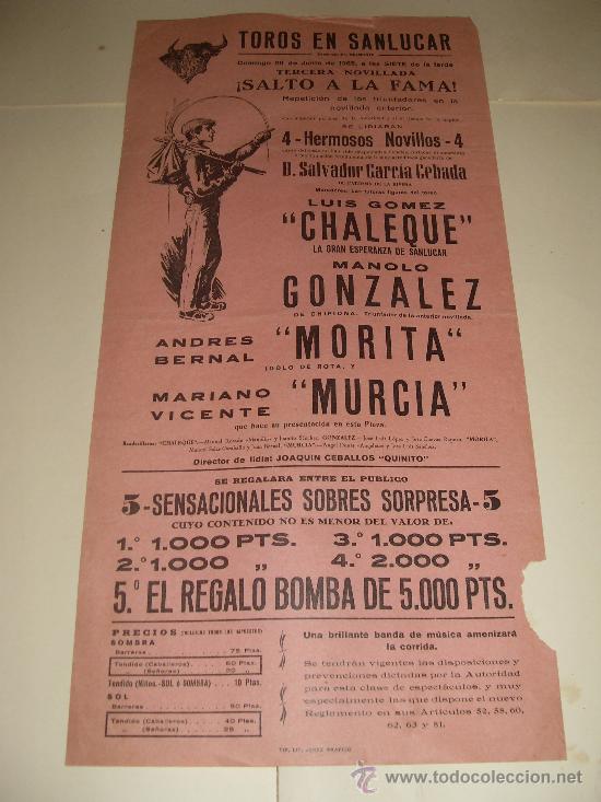 Tauromachia: CARTEL DE TOROS. PLAZA DE SANLUCAR. 1965. CHALEQUE, GONZALEZ, MORITA, MURCIA.