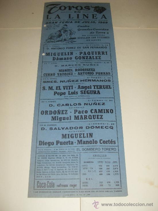 Bullfighting: CARTEL DE TOROS. PLAZA DE LA LINEA. 1969. MIGUELIN, PAQUIRRI, GONZALEZ, TERUEL, EL VITI, PUERTA...