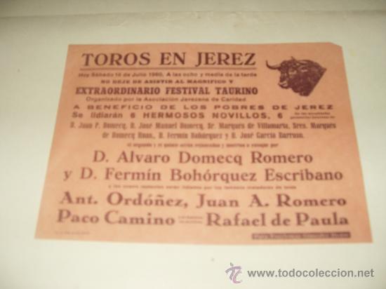 Stierkampf: CARTEL DE TOROS PEQUE&Ntilde;O. PLAZA DE JEREZ. 1960. DOMECQ ROMERO, BOHORQUEZ ESCRIBANO, CAMINO, PAULA...