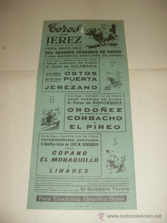 Tauromachie: CARTEL DE TOROS PEQUE&Ntilde;O. PLAZA DE JEREZ. 1965. OSTOS, PUERTA, JEREZANO, ORDO&Ntilde;EZ, CORBACHO, EL PIREO.